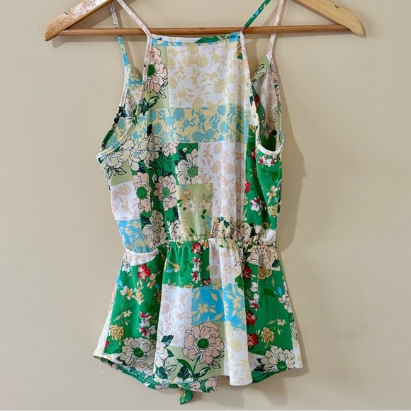 monteau| Los Angeles Floral V-Neck Spaghetti Strap Bow Top Green & Cream Sz S - Picture 4 of 5